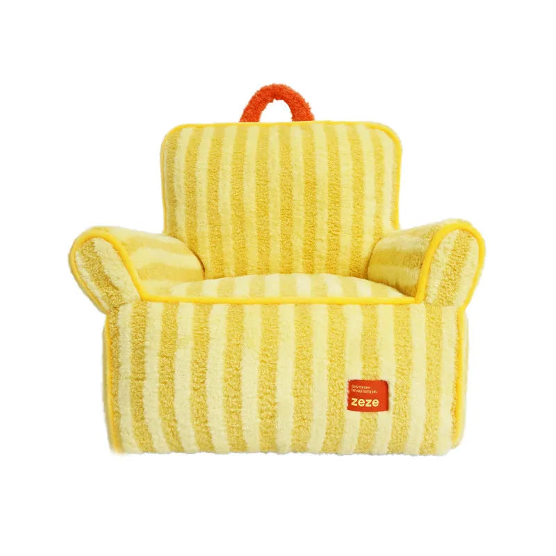 Striped soft velvet pet bed with removable cover in orange, purple, or yellow colour options.