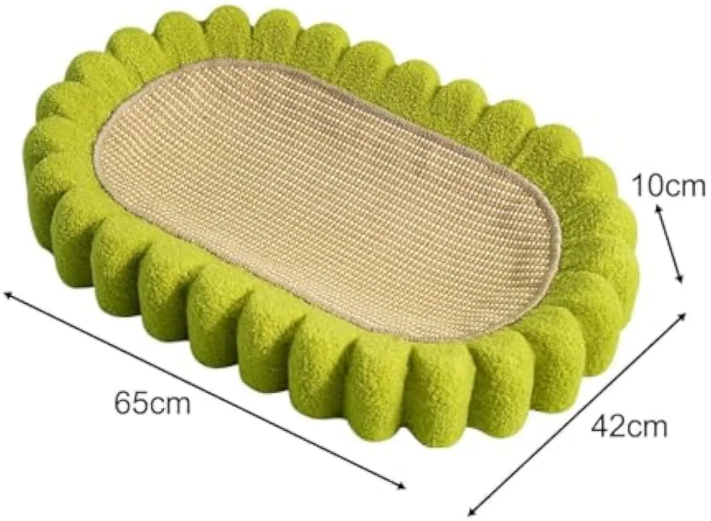 Green oval sisal cat scratching pad bowl serving as a cat bed and furniture protector
