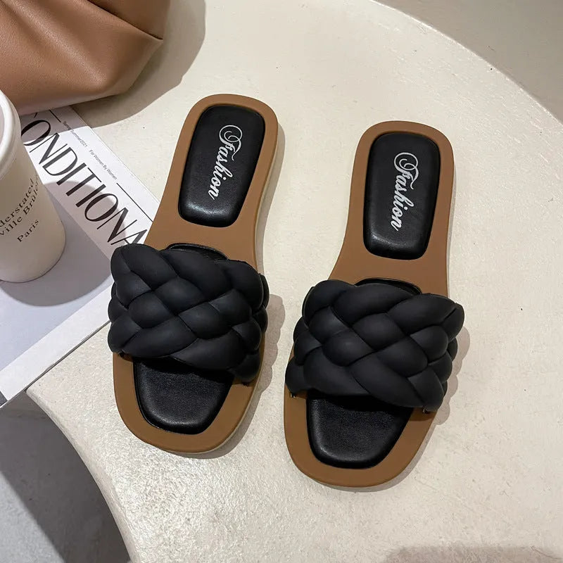 Women's plaid pattern PVC sandals with thick non-slip sole in black, on a white background.