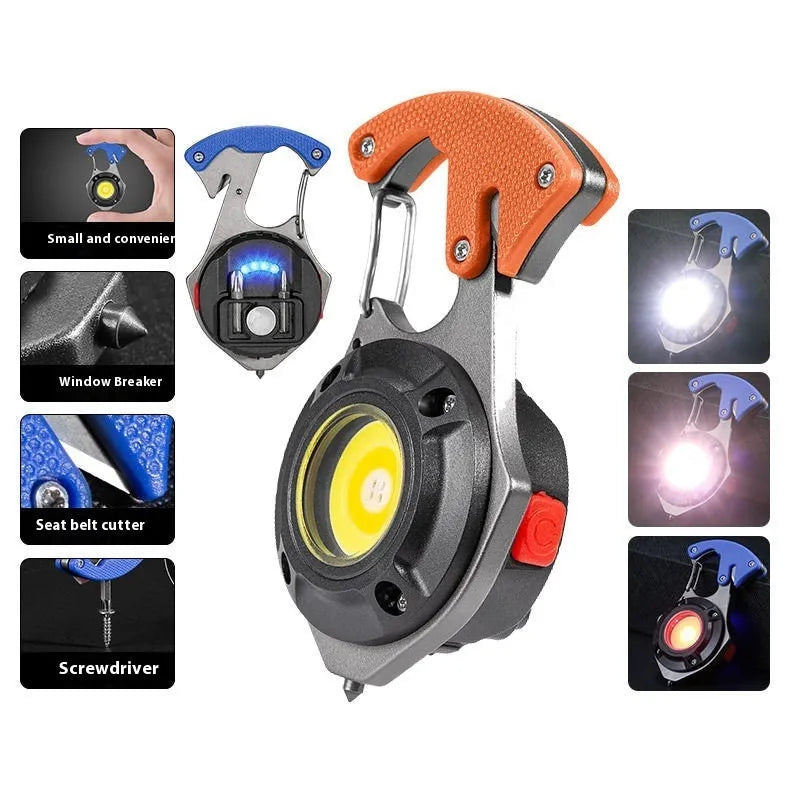 Portable multifunctional keychain rechargeable flashlight with window-breaking hammer and screwdriver tools.