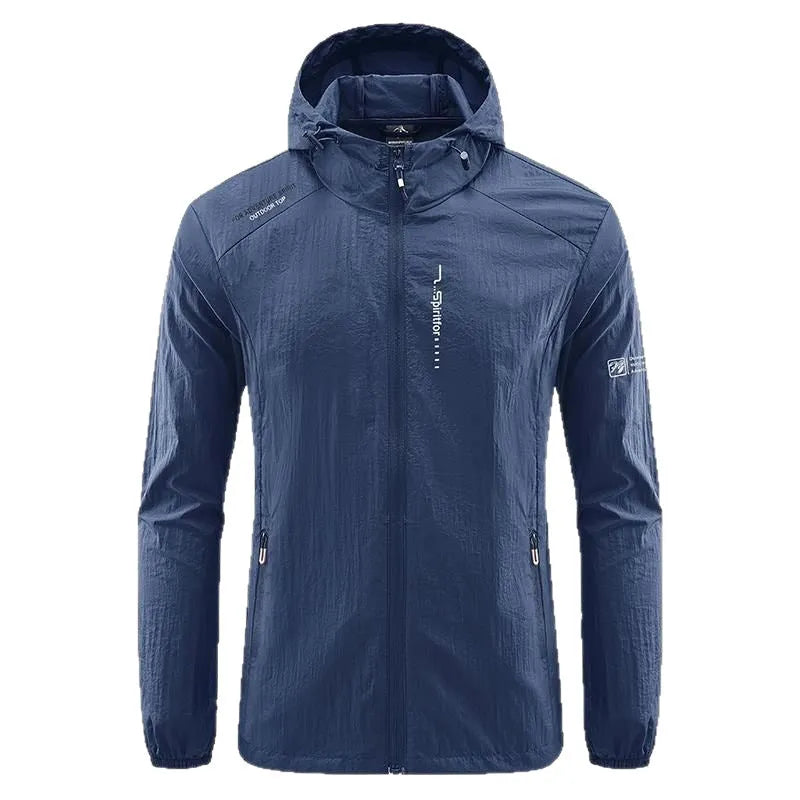 Light grey loose-fit men's nylon hooded jacket for summer outdoor wear