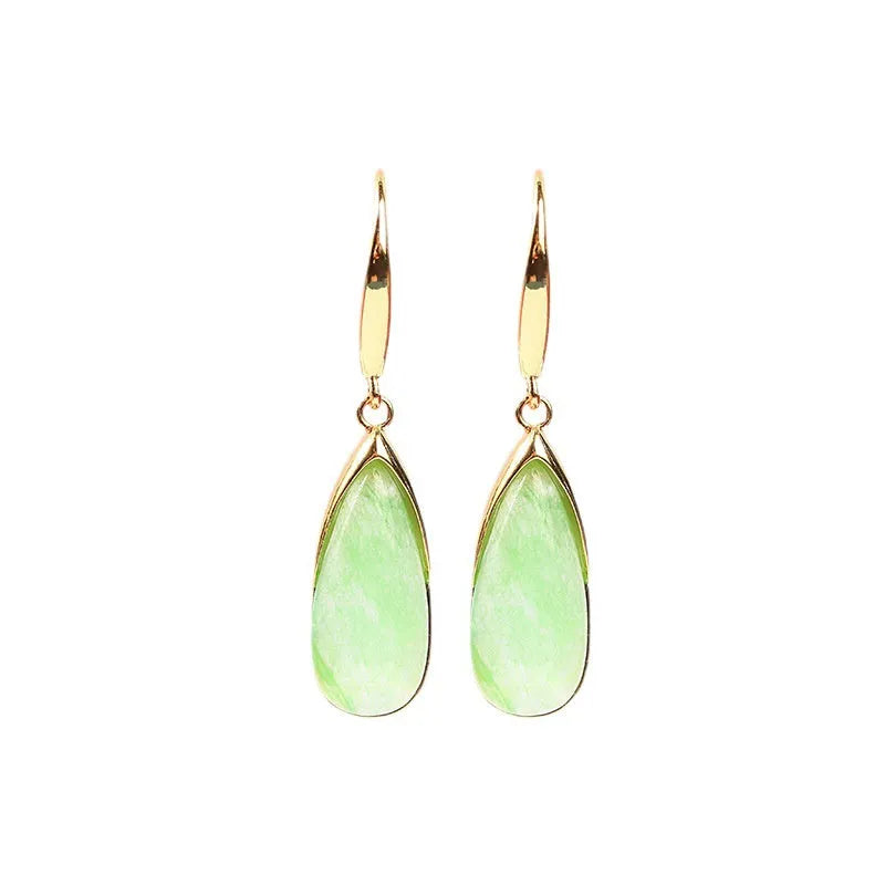 Geometric copper earrings with jade-colour water droplet elements in Chinese banquet style