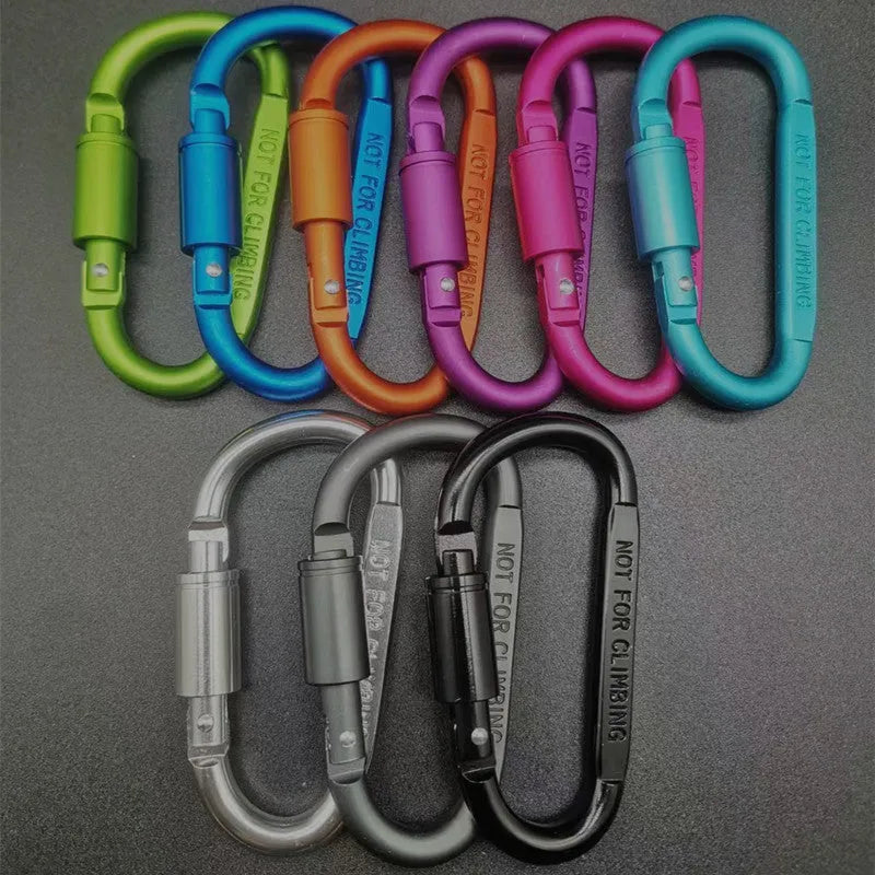 D-type aluminium climbing carabiner with twist-lock gate in multiple colour options showing 8cm flat profile
