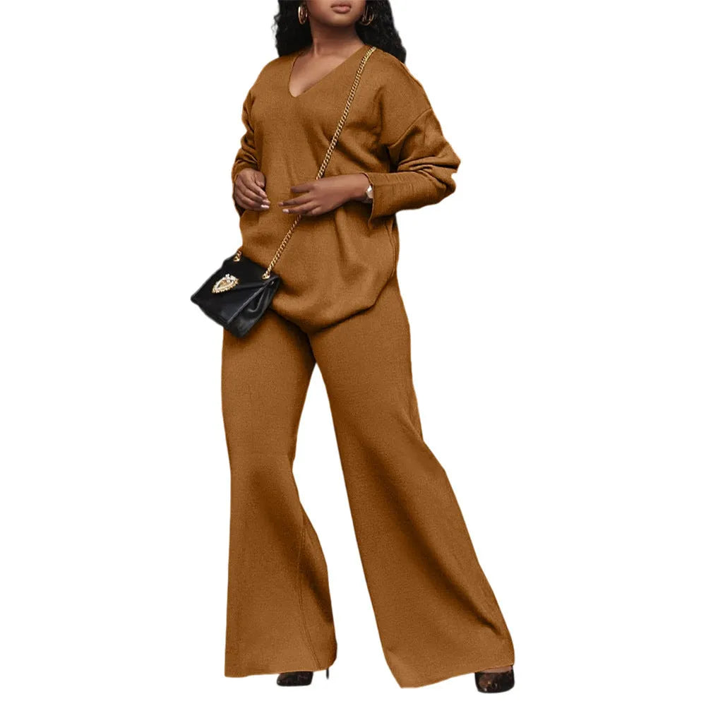 Women's brown thickened suede two-piece suit with long sleeves and trousers, Japanese-Korean casual style