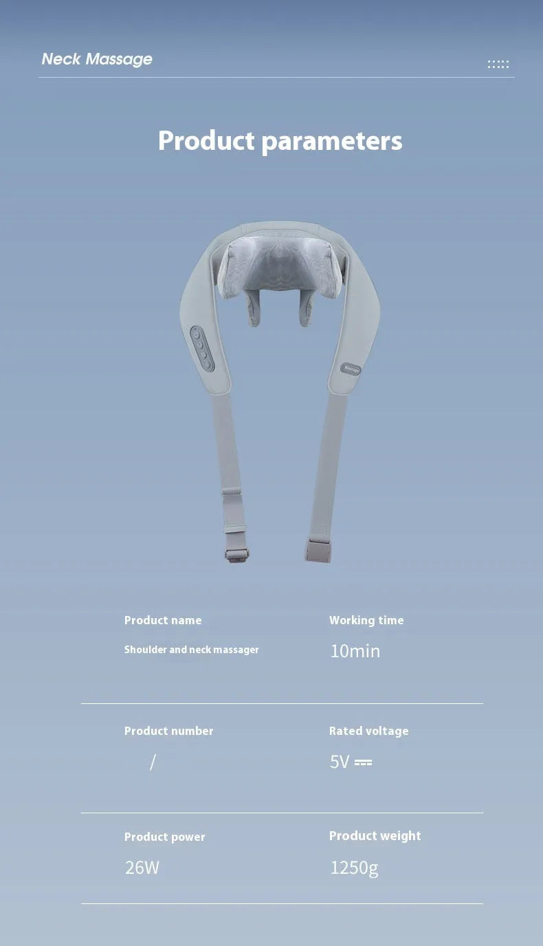 Grey elastic fabric covered neck and back massager with USB charging cable