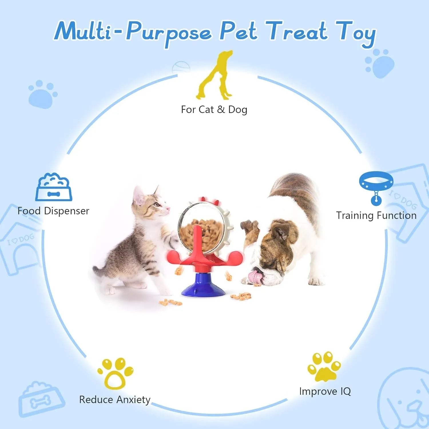 Interactive pet puzzle slow feeder toy with suction cup base in blue, green, red, or yellow colour.