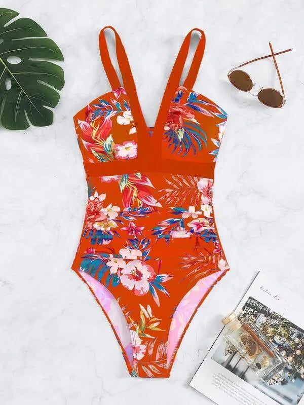 Women's floral pattern backless one-piece swimsuit in a polyester-spandex blend