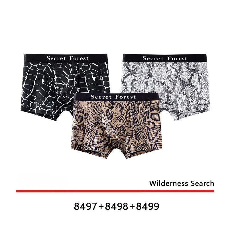 Men's thin polyester boxer shorts in black, grey, and brown with loose fit and mid-rise waist