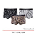 Men's thin polyester boxer shorts in black, grey, and brown with loose fit and mid-rise waist