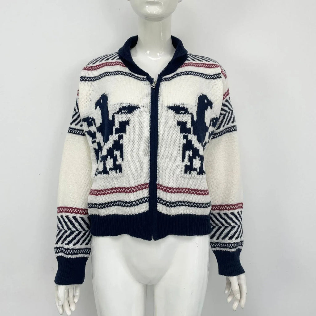 White women's zip cardigan with jacquard wool texture and contrasting lapel