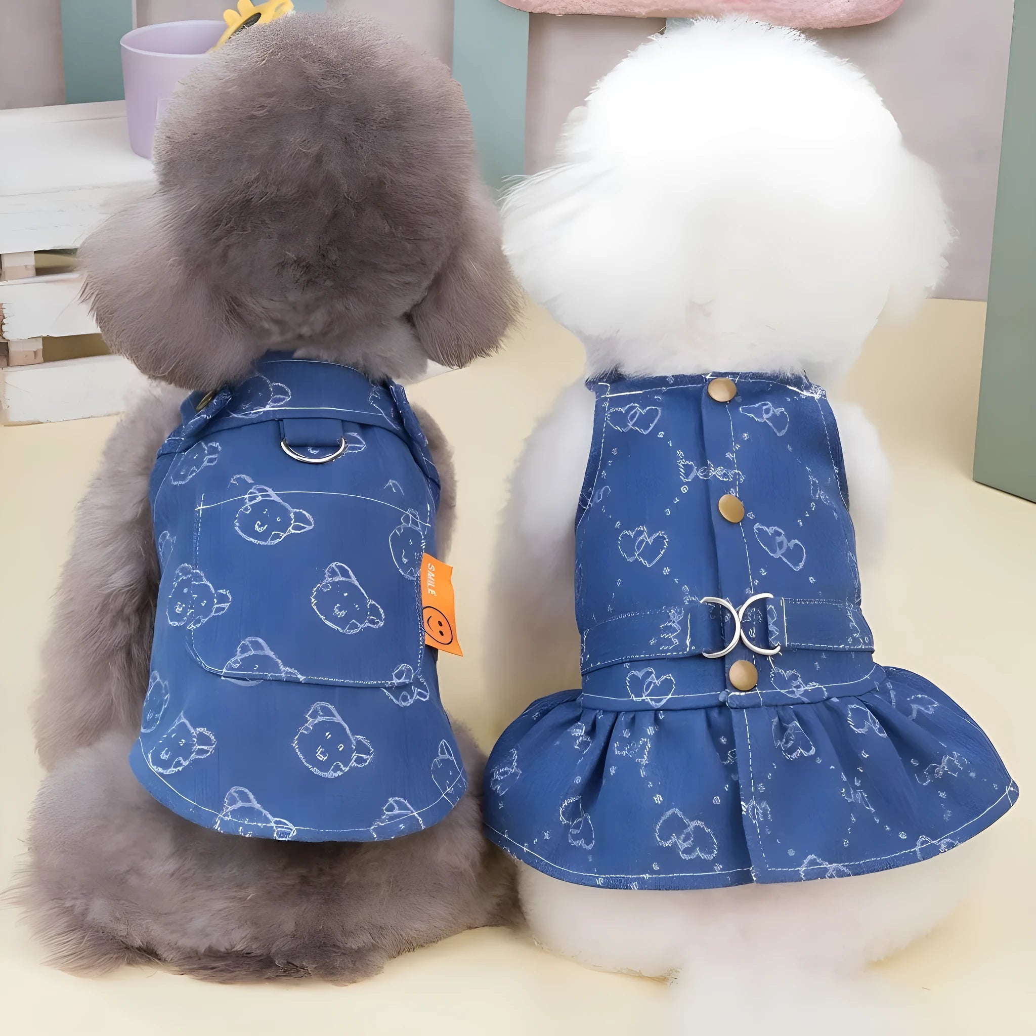 Denim princess dress for small dog on hanger showing bracket detailing and lightweight construction