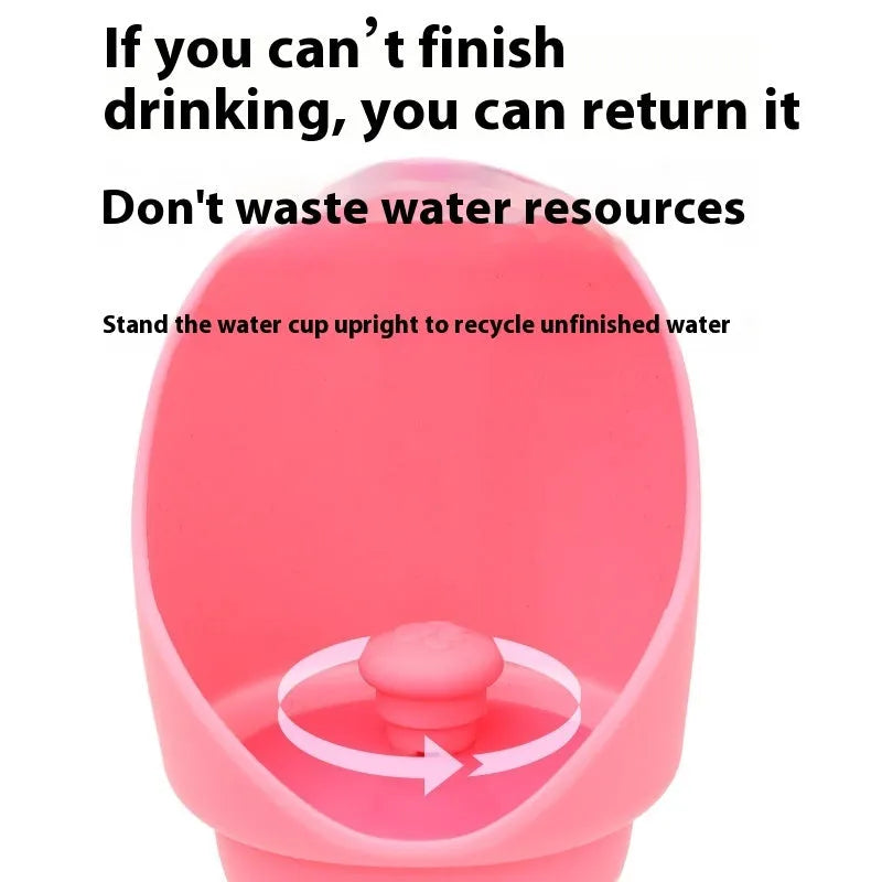 Collapsible silicone pet water cup shown in folded and open positions, available in various colours.