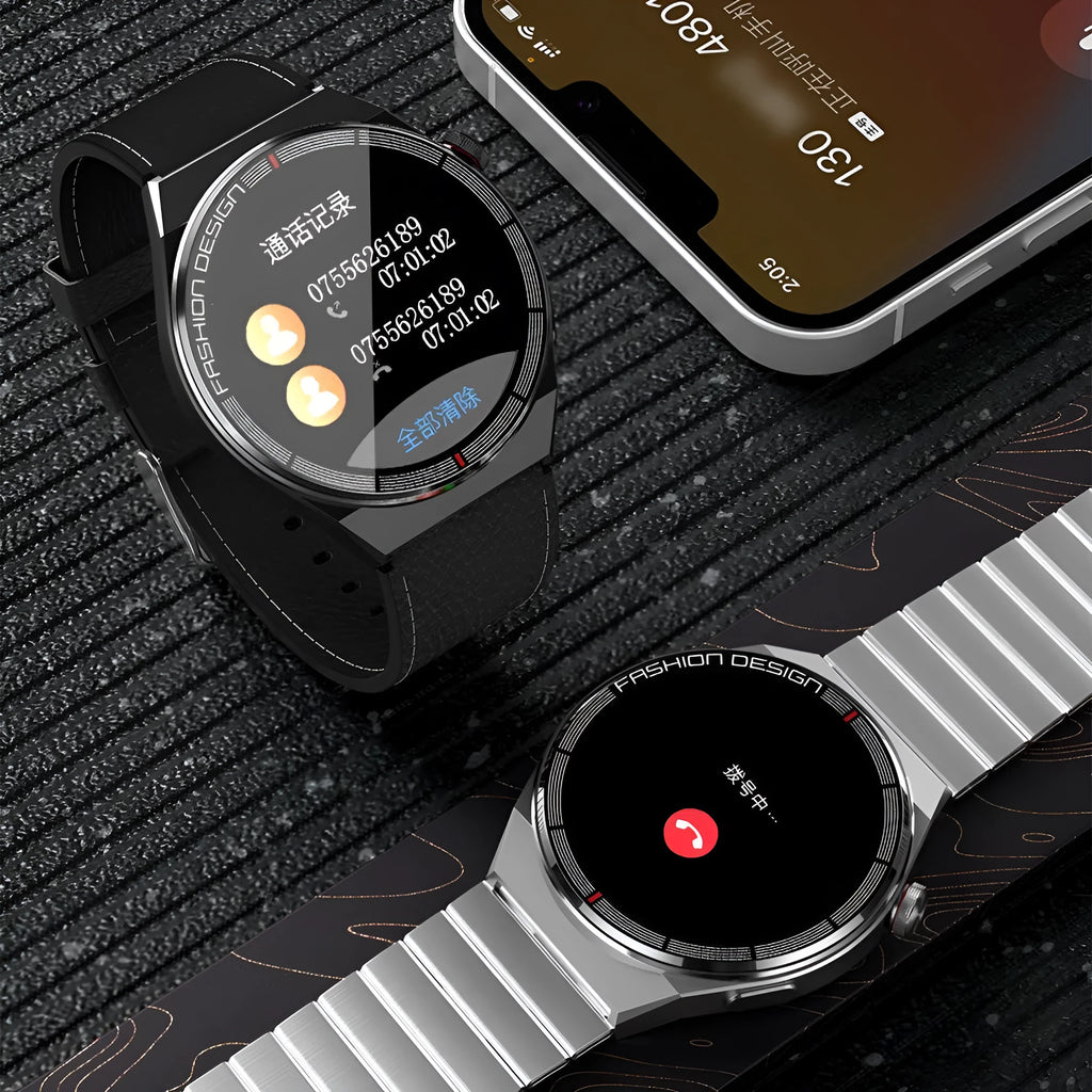 Black smartwatch with 1.28 inch screen showing heart rate and step count data on a silicone strap