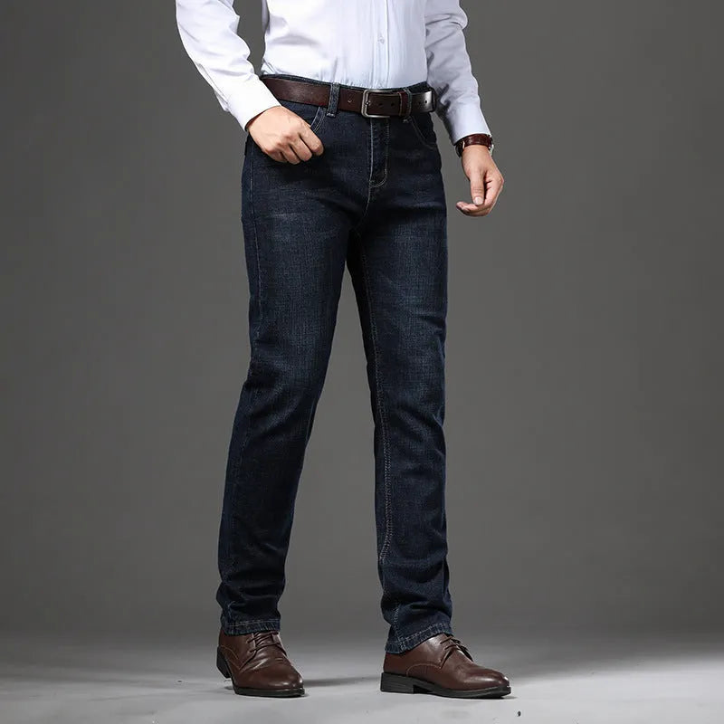 Women's straight-leg stretch jeans in black and blue colours showing business casual styling