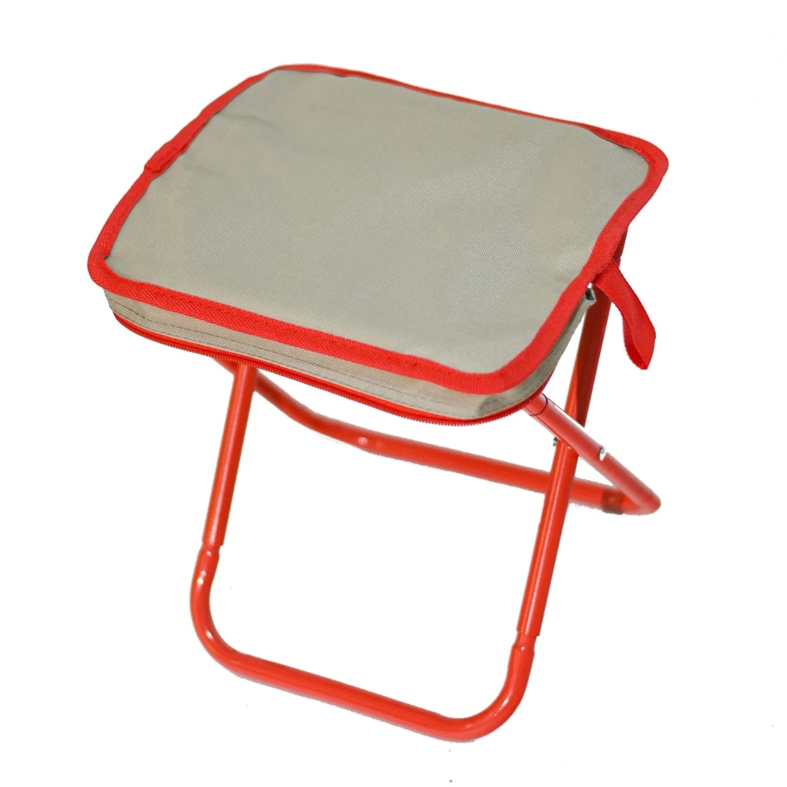 Lightweight foldable camp chair stool in Oxford cloth, shown in a khaki colour, folded into its compact pencil box shape.