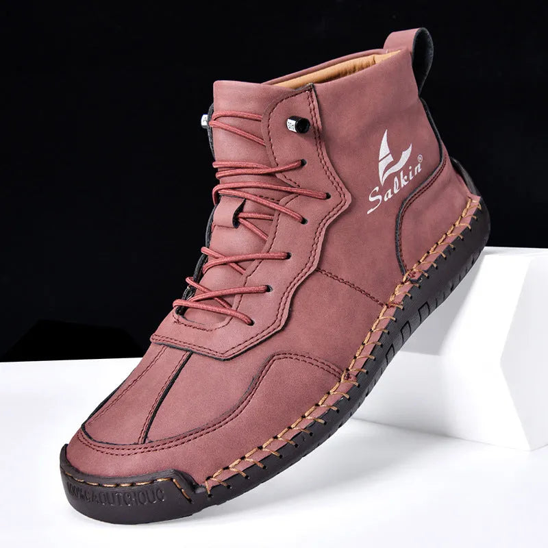 Men's beige retro high-top casual boots with elastic band and round toe on a non-slip rubber sole.