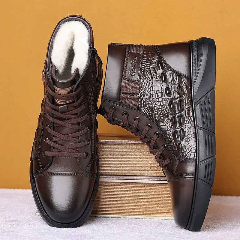Men's black genuine leather snow boots with fur lining and rubber non-slip soles