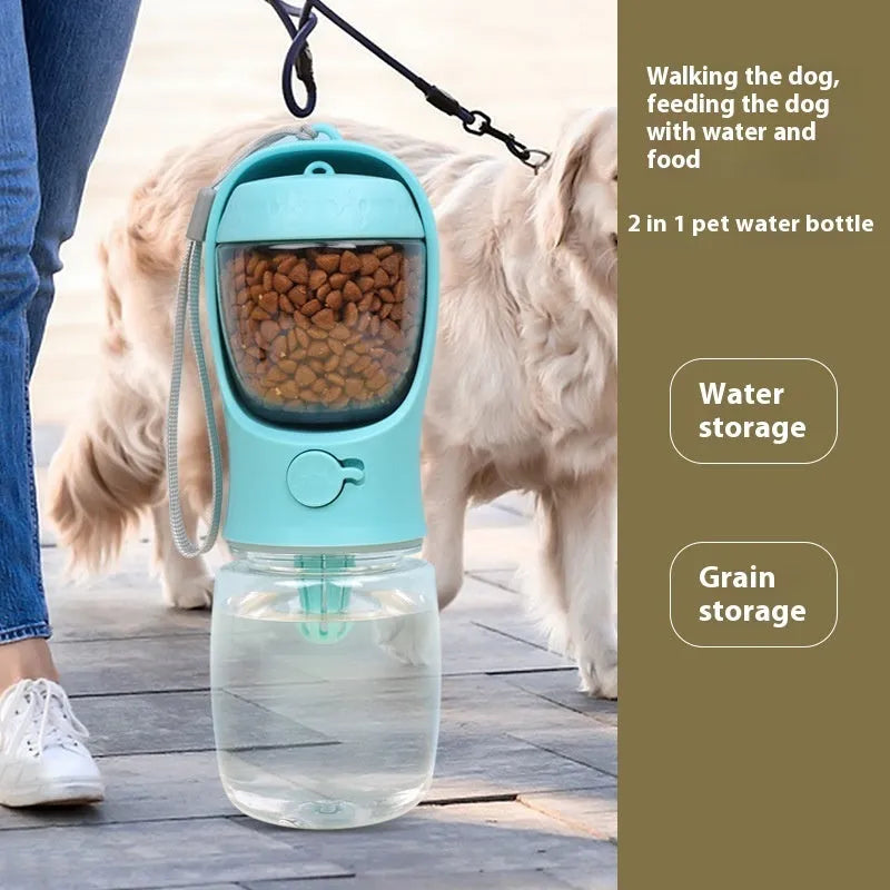 Blue portable plastic dog water cup with attached drinking bowl for outdoor use