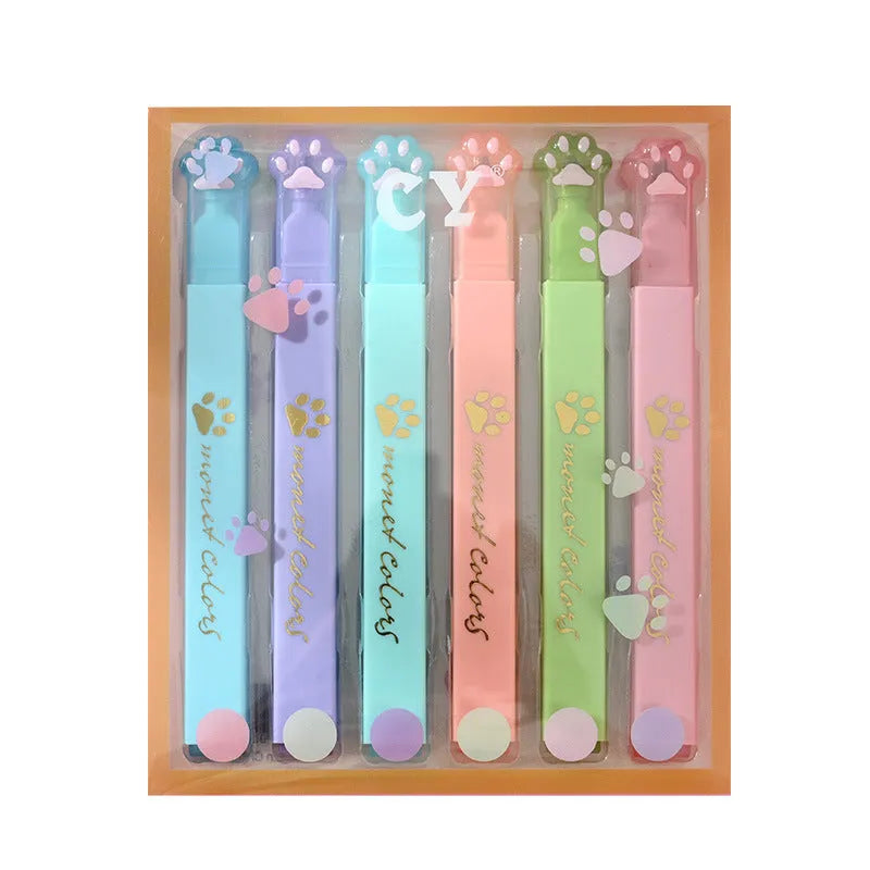 Cat's Paw set of six fluorescent marking pens with oblique heads in assorted colours