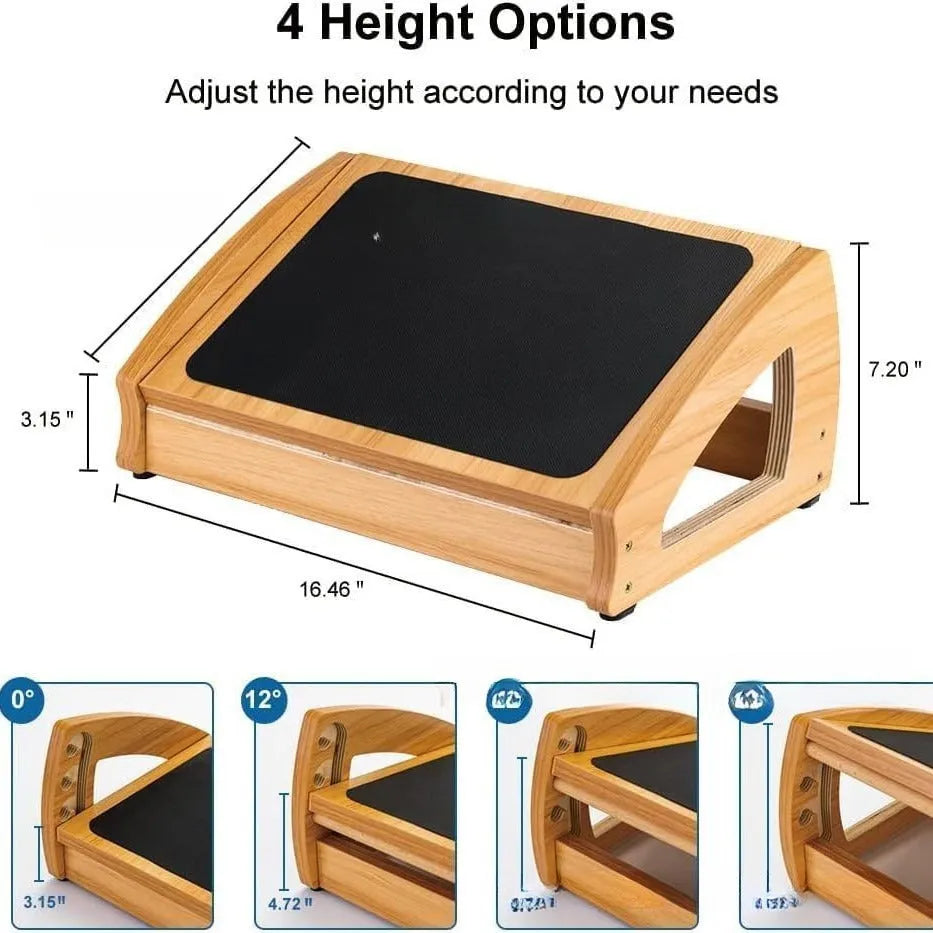 Adjustable bamboo wooden footstool in natural wood colour for office desk use
