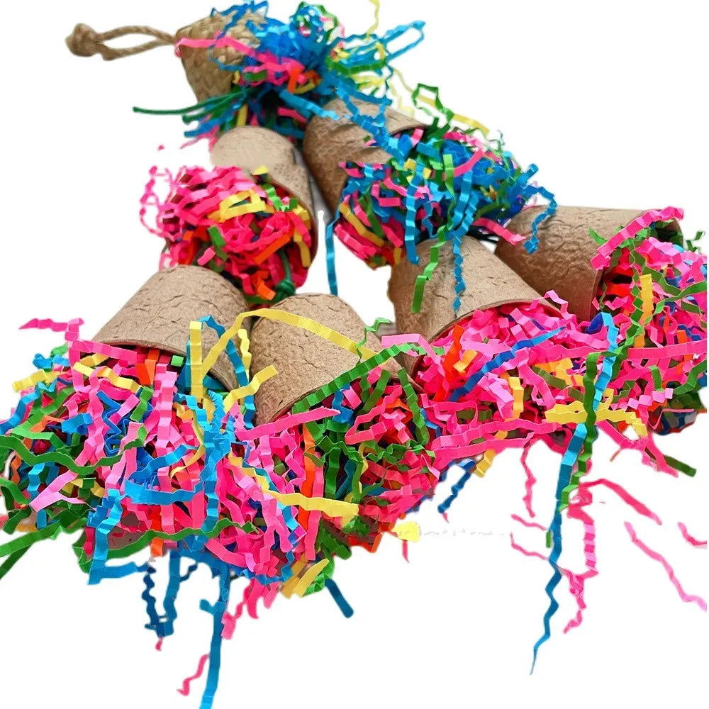 Parrot gnawing toy made from palm weaving with paper cup design and hanging rope
