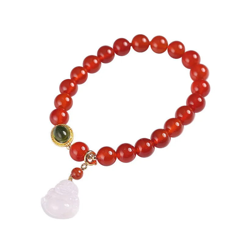 Handmade women's bracelet with red agate and amber Maitreya Buddha pendant.