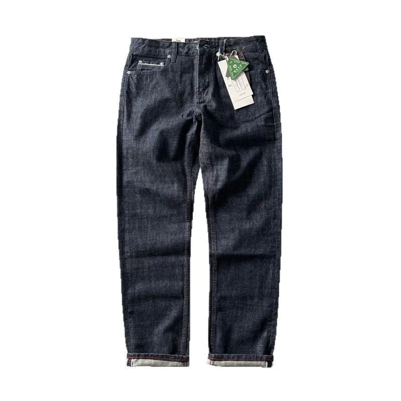 Men's straight leg cotton denim trousers in primary colour showing retro American style
