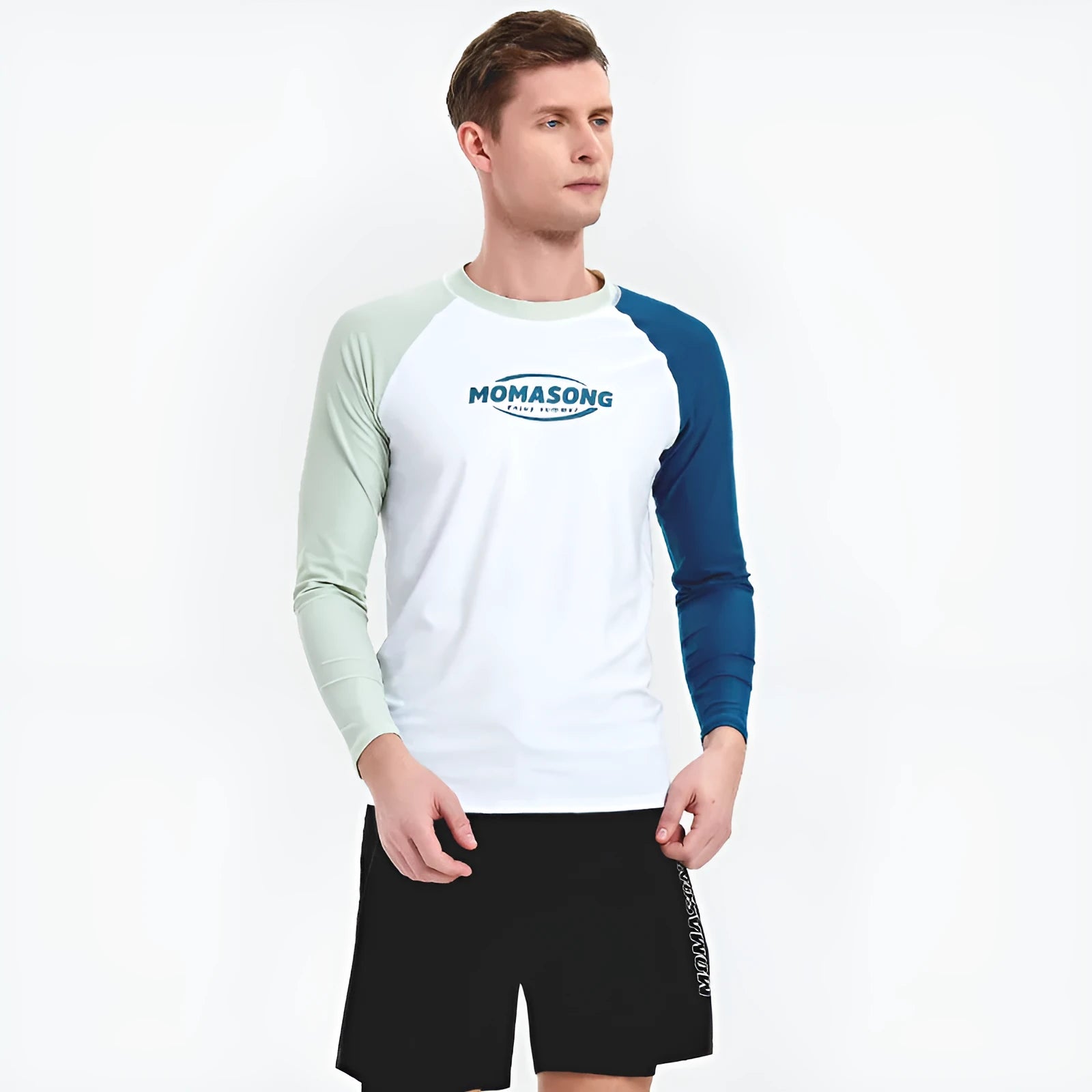 Men's white long-sleeved swimsuit top with matching swim trunks set for sun protection
