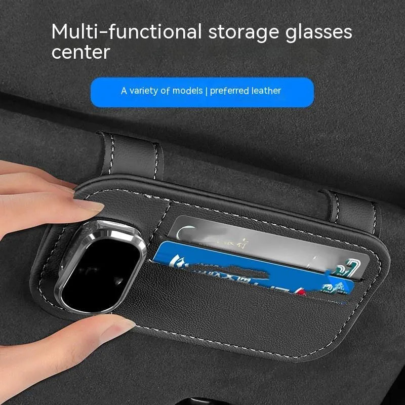 Car leather sunglasses holder with card storage in snap-on dashboard installation