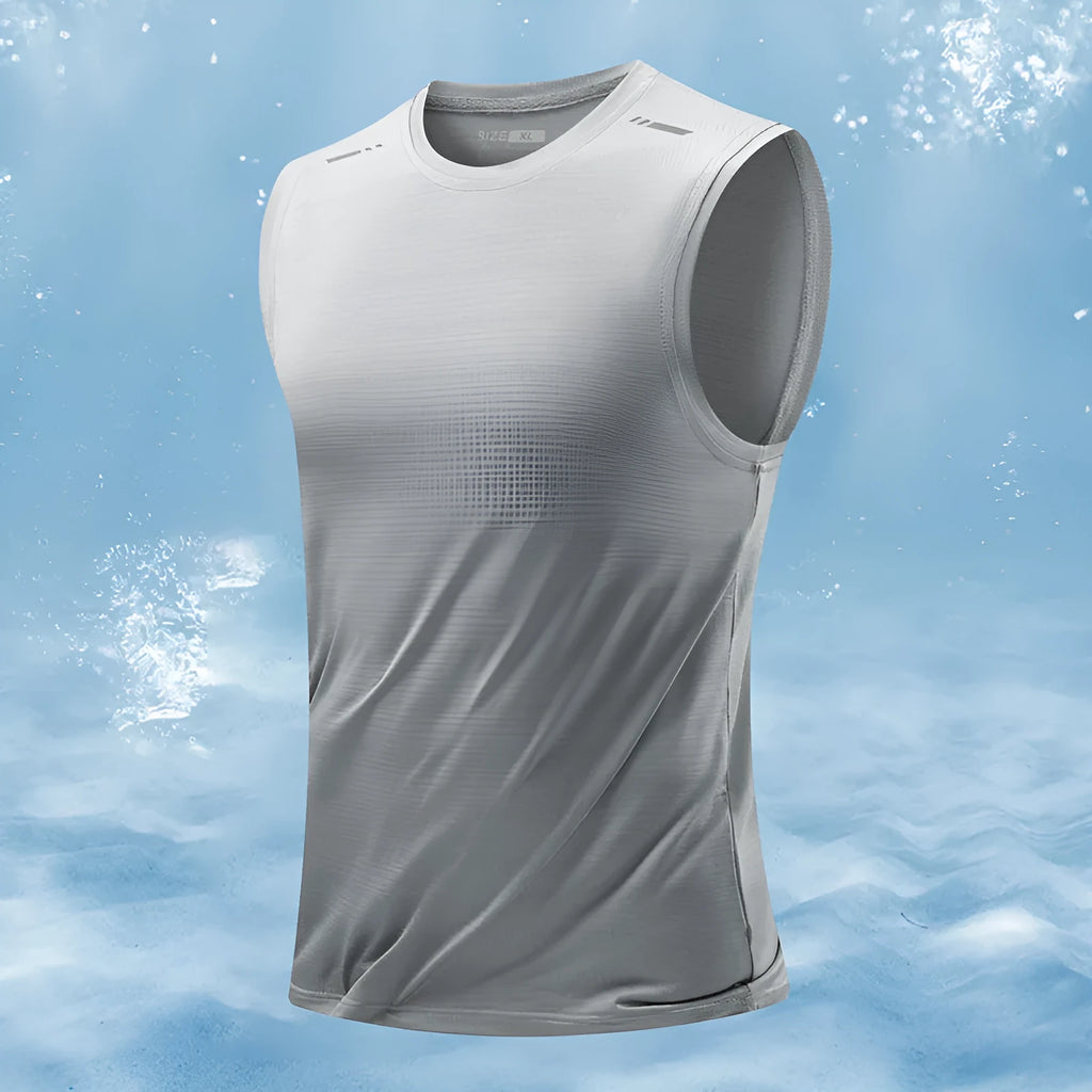 Men's loose fit sleeveless waistcoat vest in a solid colour, showing straight hem design.