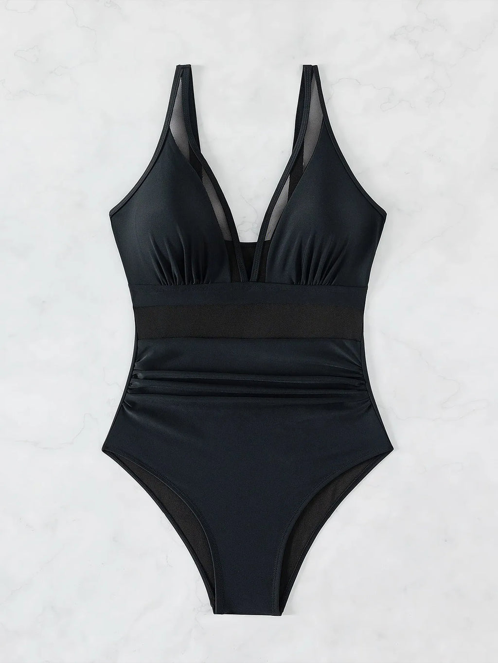 Black halter neck one-piece swimsuit with mesh detail, shown on model.