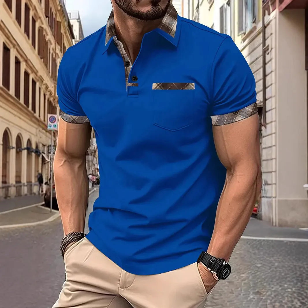 Men's plaid colourblock t-shirt with zipper decorations in loose fit polyester fabric