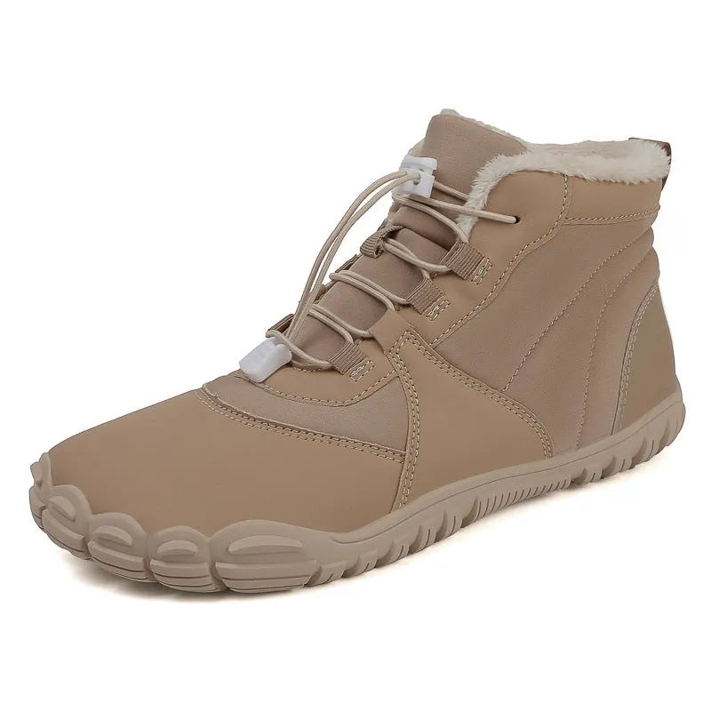 A pair of waterproof fleece-lined outdoor snow boots with a round toe, front laces, and a rubber sole.