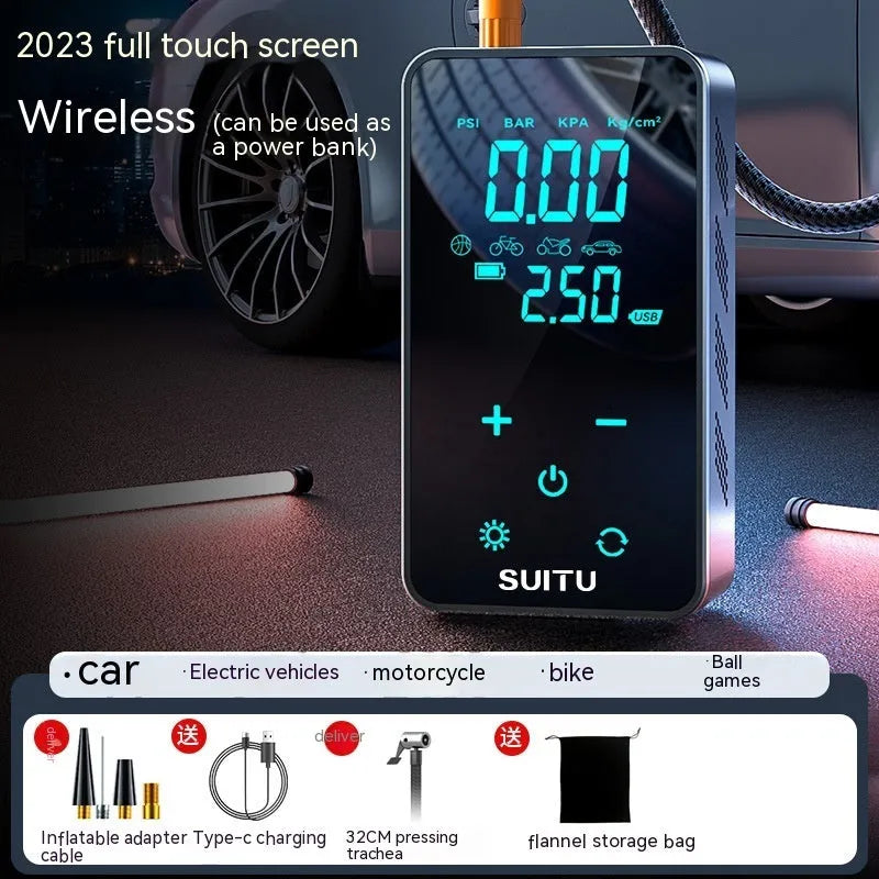 Compact black wireless car tyre inflator with LCD screen, air hose, and set of nozzles on a cloth bag.