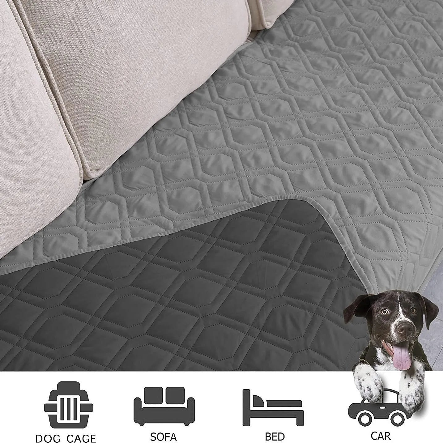 Reversible waterproof dog blanket laid flat on a sofa, showing two colour options.