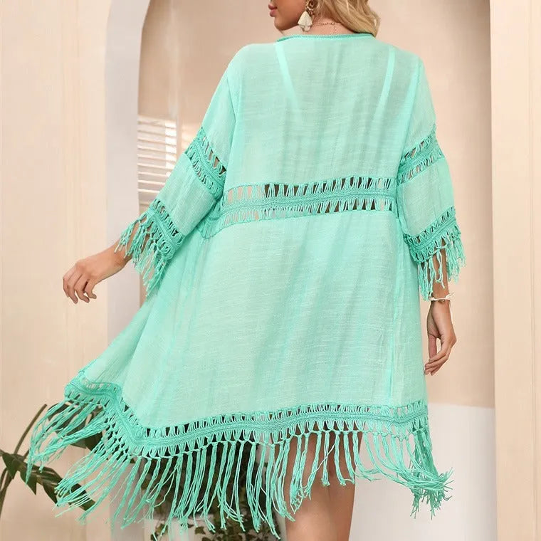 Hand-crocheted acrylic beach cover-up cardigan with tassel trim in water green