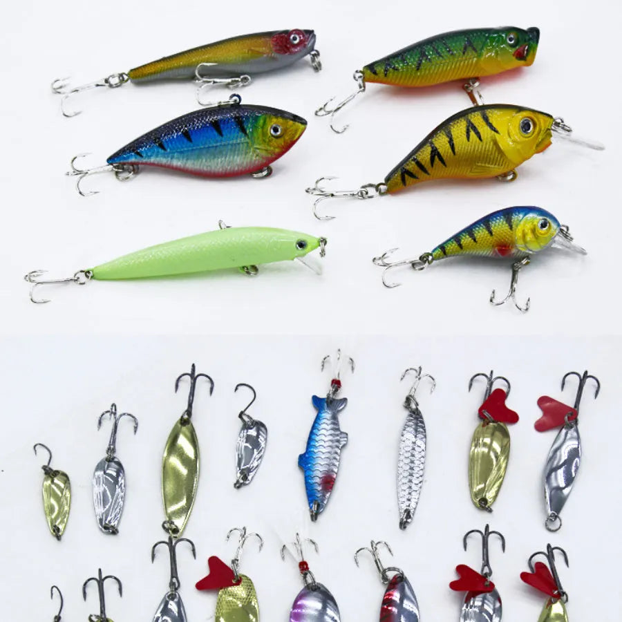 132-piece fishing lure set with soft plastic baits and high carbon steel hooks in rose red treasure colour
