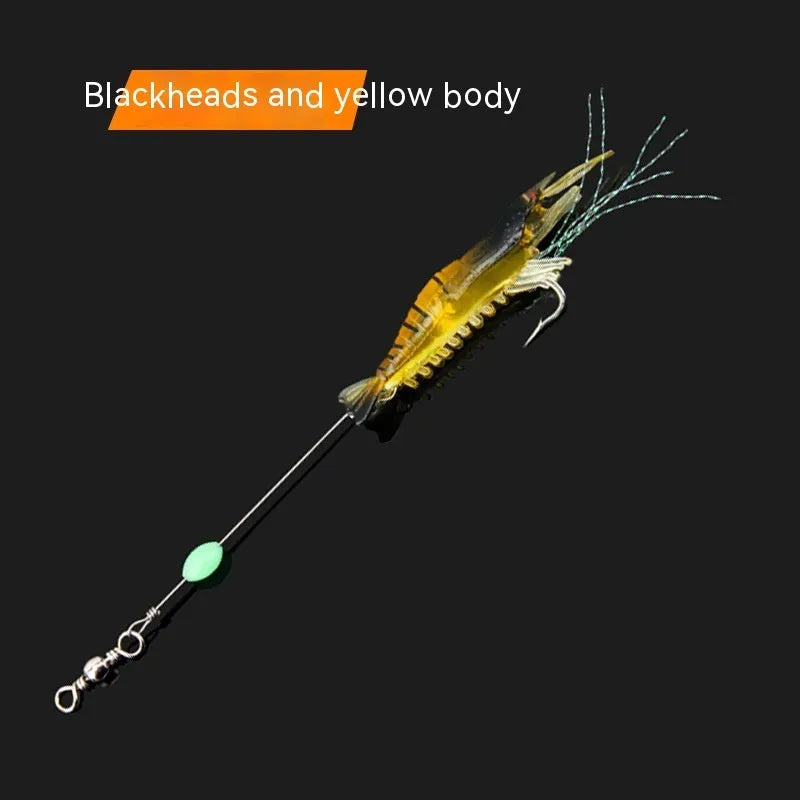 Six Luer soft fishing lures with hooks in assorted colours including black head yellow body and luminous pink