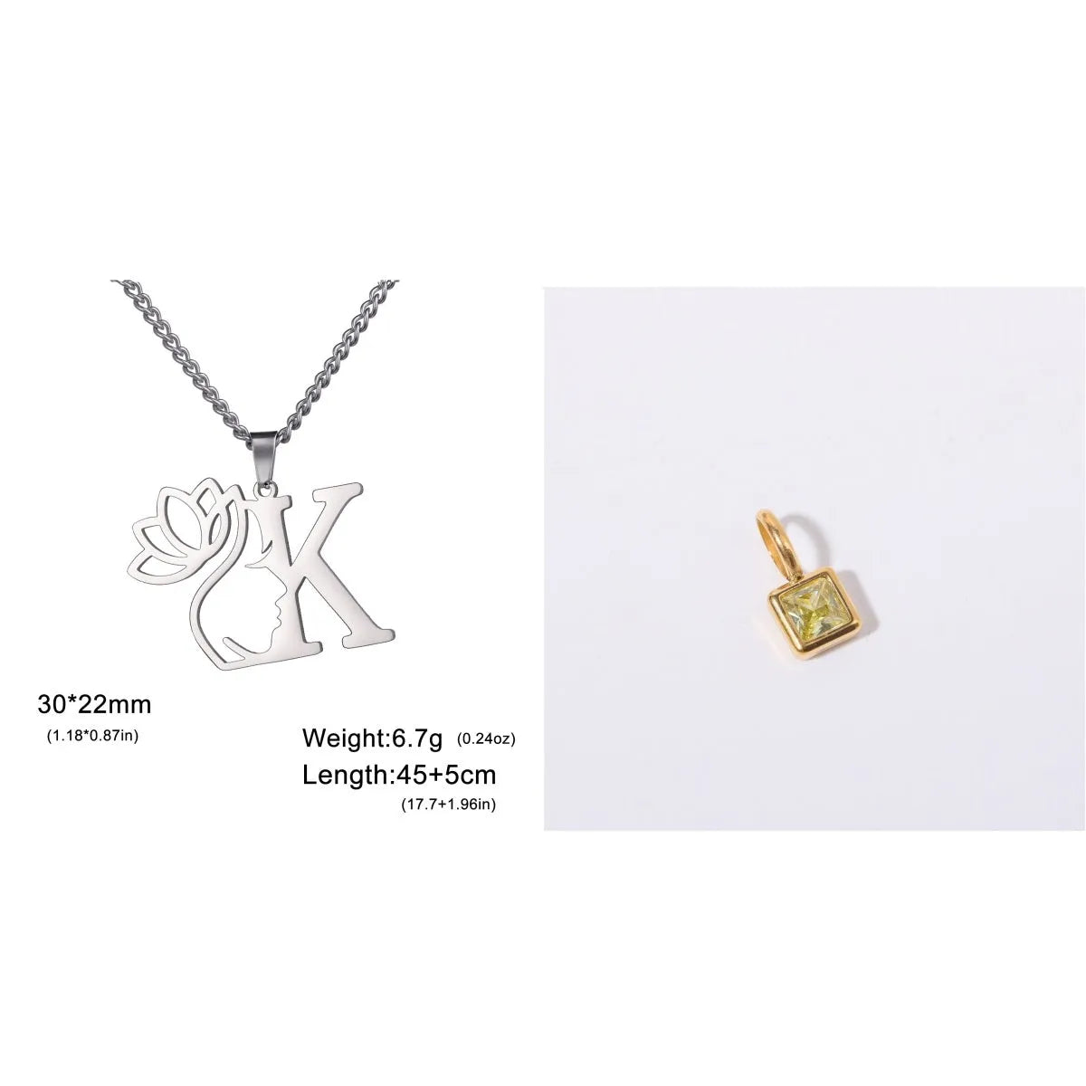 Stainless steel necklace with cross chain design and single letter pendant in gold or silver electroplated finish