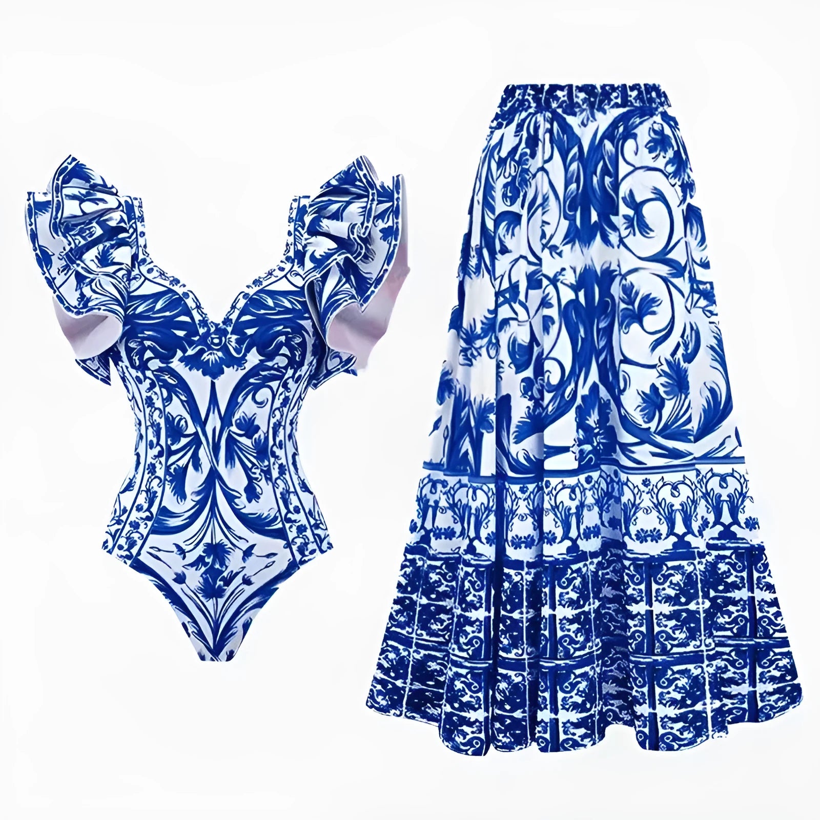 Women's printed one-piece swimsuit with matching cover-up skirt in rose pink.