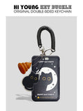 Plastic card holder sleeve with cute little black cat cartoon design and a silver ferrule pendant.