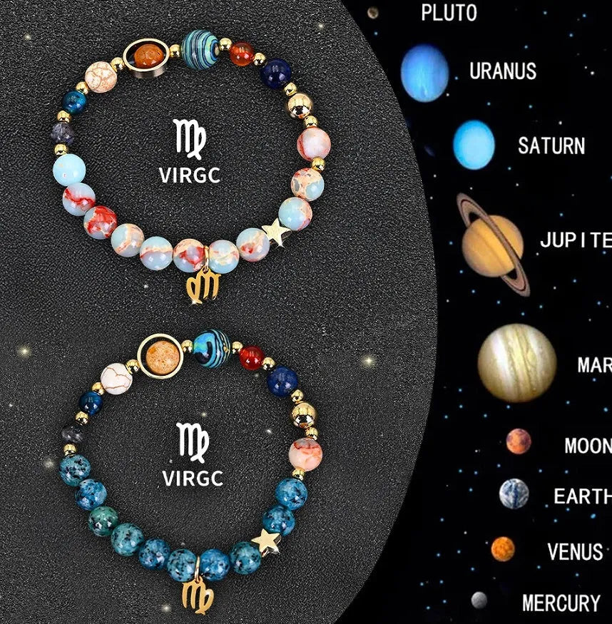 Natural stone bead bracelet set featuring all twelve zodiac signs with two bracelets per style