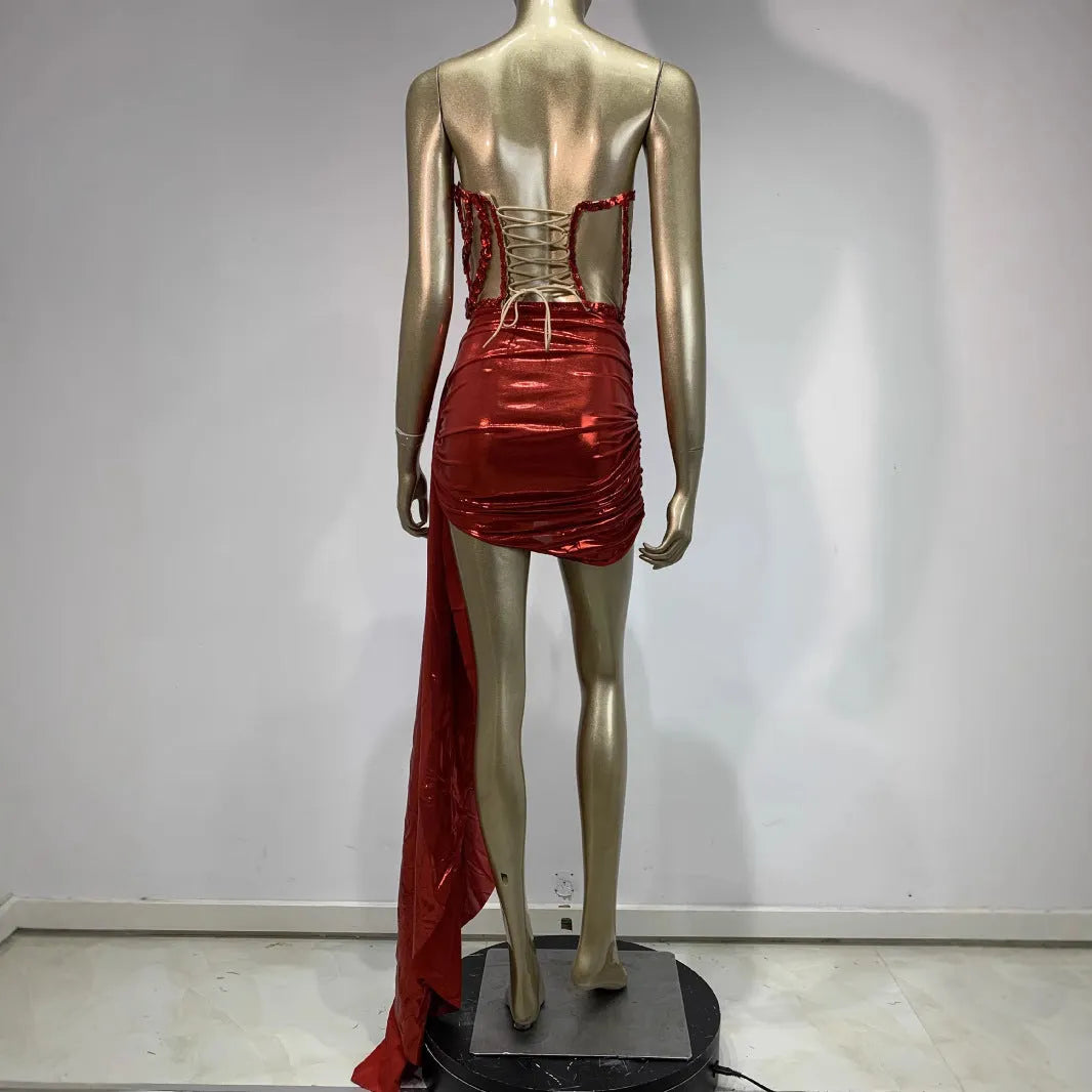 Red spandex skirt suit with hollow mesh see-through design for stage and banquet events