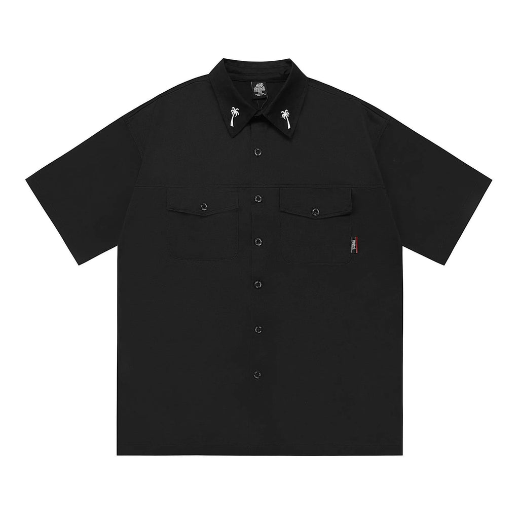 Men's black plus size loose fit cotton shirt with embroidery detailing on half sleeves