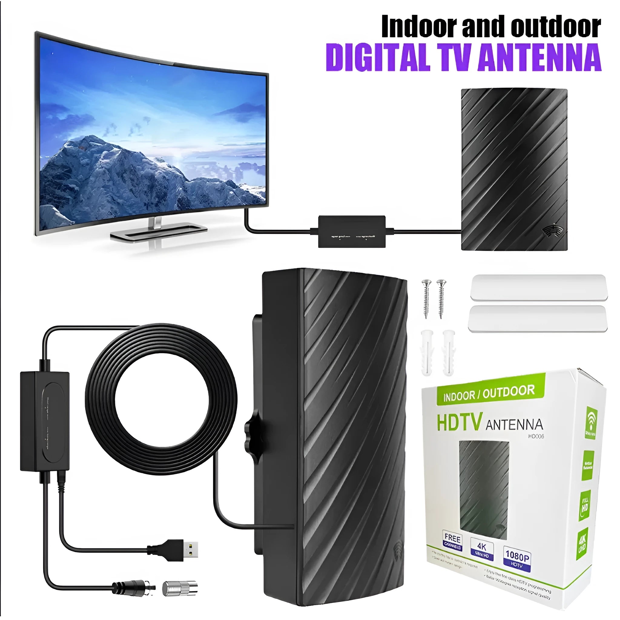 Black digital TV antenna with mounting hardware including expansion tubes, screws, cable ties and adhesive tape