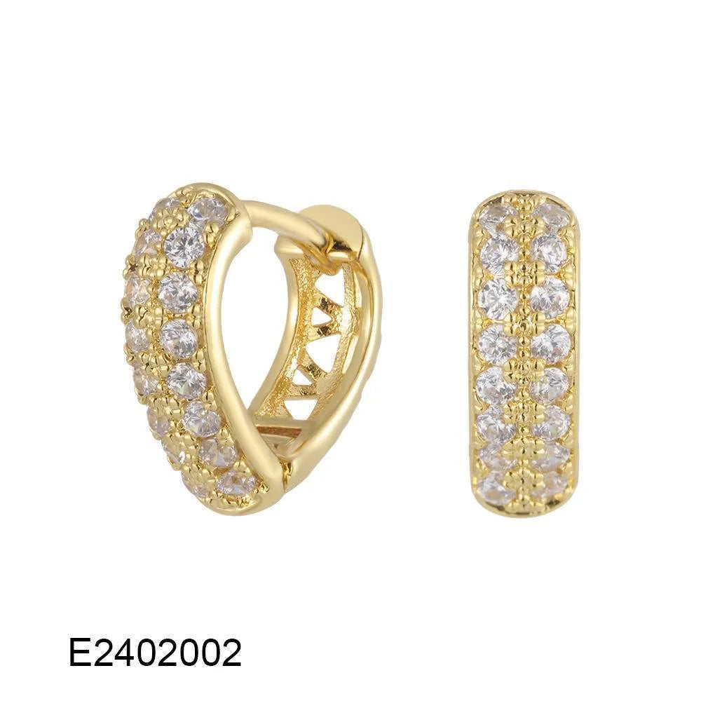 Gold plated heart-shaped clip earrings with zircon stones and gang drill decorative elements