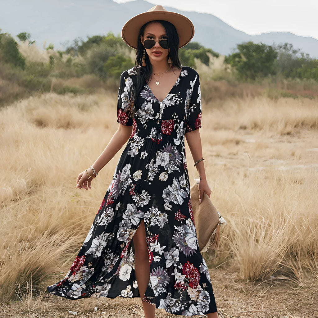 Women's floral print summer dress with V-neck, elastic waist, and large hemline skirt in yellow colour