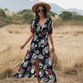 Women's floral print summer dress with V-neck, elastic waist, and large hemline skirt in yellow colour