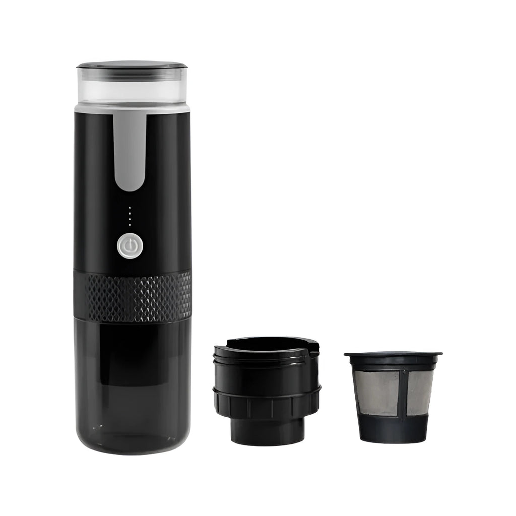Black portable K Cup coffee machine for outdoor camping and car use with capsule compatibility