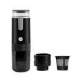 Black portable K Cup coffee machine for outdoor camping and car use with capsule compatibility